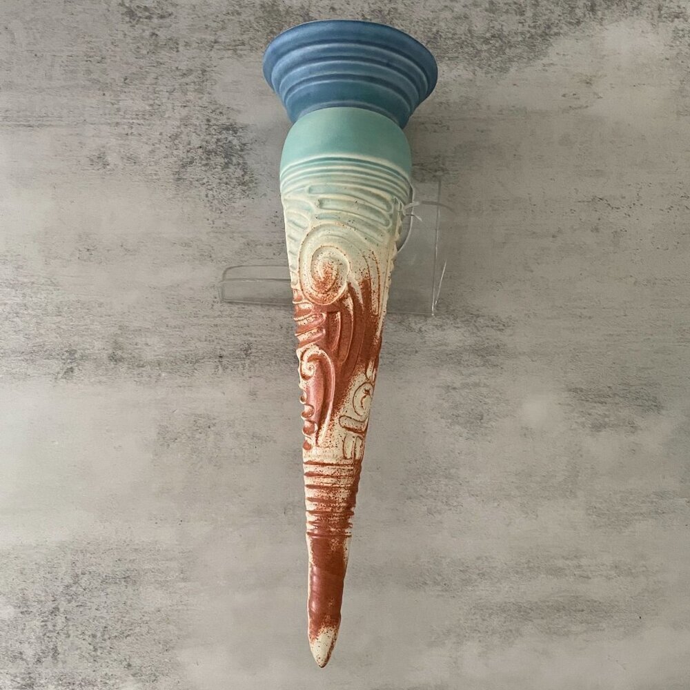 Stephen Fabrico Studio Art Pottery Hand Carved Multicolor Glaze Wall Pocket 15"